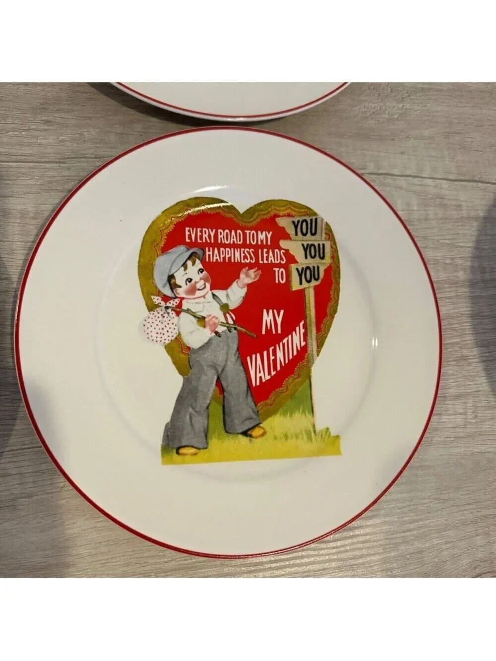 Vintage Rosanna Valentine Dessert Plates Set 4 Red Rim Retro Heart Design 8 in